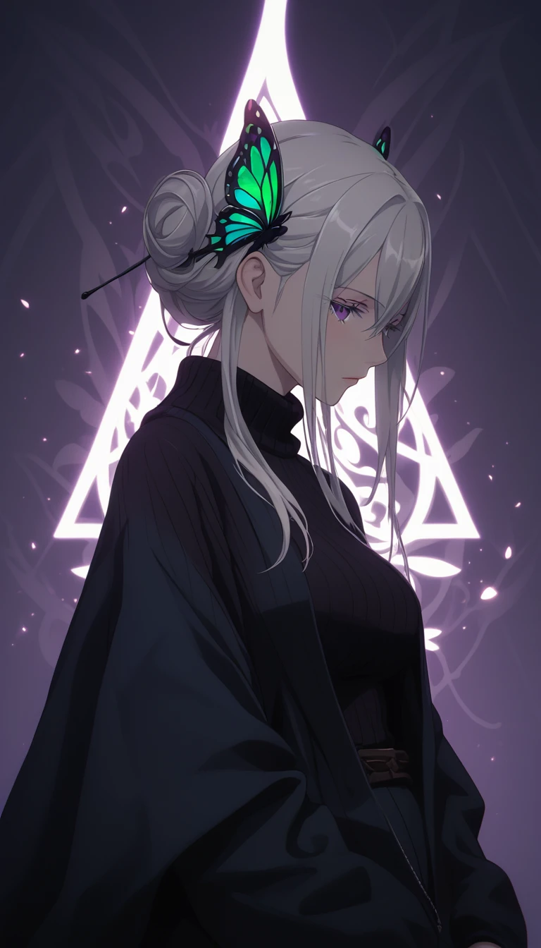 score_9, score_8_up, score_7_up, score_6_up, uncensored, Echidia, echidna, silver hair, long hair, butterfly hair ornament, purple eyes, multicolored eyelashes, BREAK (masterpiece:1.2), best quality, high resolution, (beautiful detailed eyes:1.3), perfect lighting, (perfect hands, perfect anatomy), large breasts, breasts, epic art, fantasy, 1girl, solo, looking_at_viewer, jacket, sweater, upper_body, sidelocks, breasts,  coat, ribbed_sweater, turtleneck, looking at viewer, glow effects, godrays, Hand drawn, Vivid colors, extremely detailed CG unity 8k wallpaper, trending on CGSociety, Intricate, High Detail, dramatic, hollow eyes, expressionless 