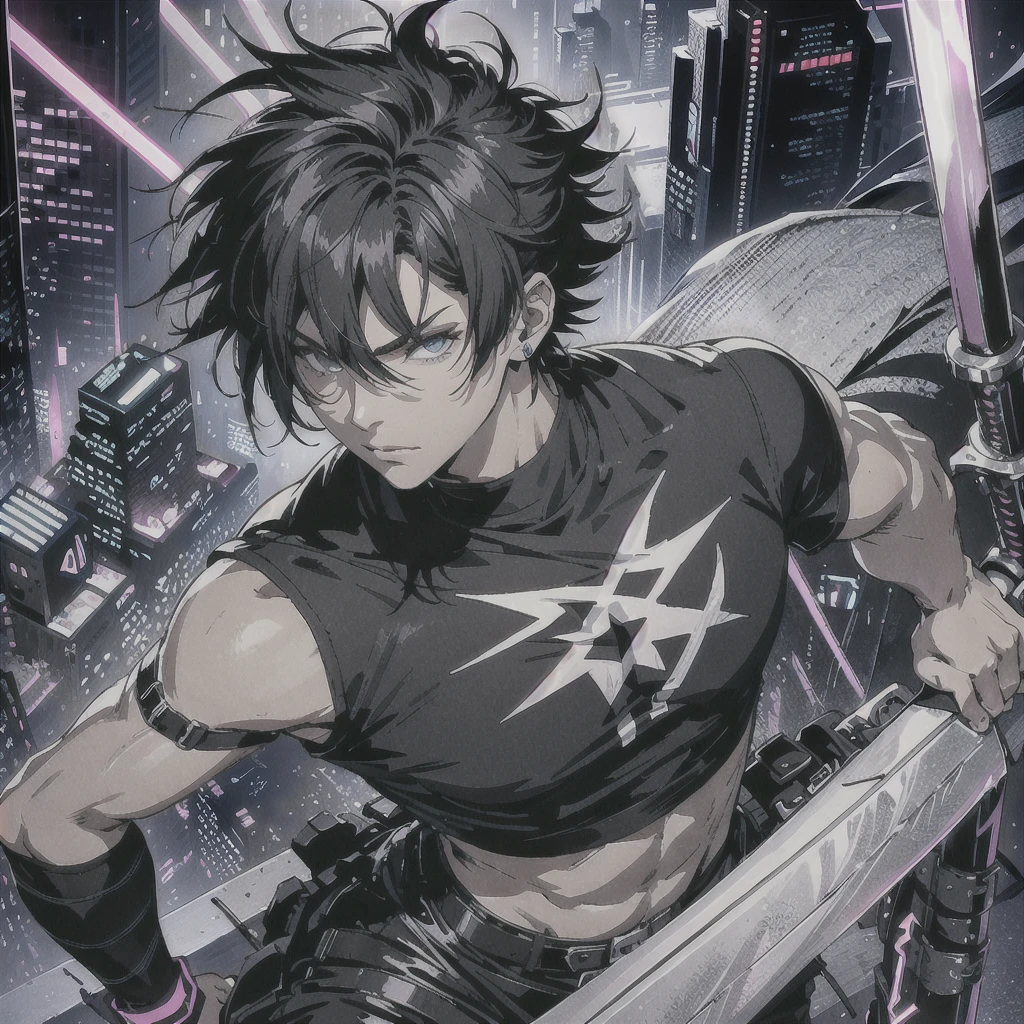  1 Man, solo, Short hair (Kusanagi Kyo), short, spiky hair with a slightly tousled look, often styled to have a cool, edgy appearance, wearing a black t shirt, long bermuda, sneakers, cyberpunk style, holding a giant sword(neon sword), 