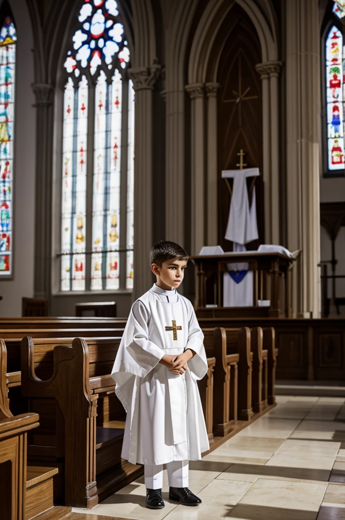 An altar boy dressed in a white alb in the Church