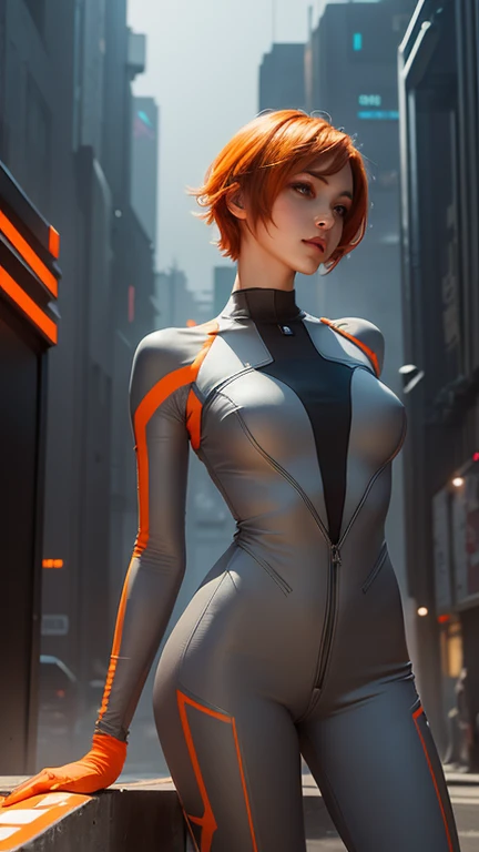 beautiful woman (perfect shape) wears short tight jumpsuit high cut legs , orange short hair, in the style of light gray and orange, cyberpunk manga, photorealistic digital of painting ,mechanical designs, medium long shot, attractive characters ,gentle lighting , mist, futuristic city background