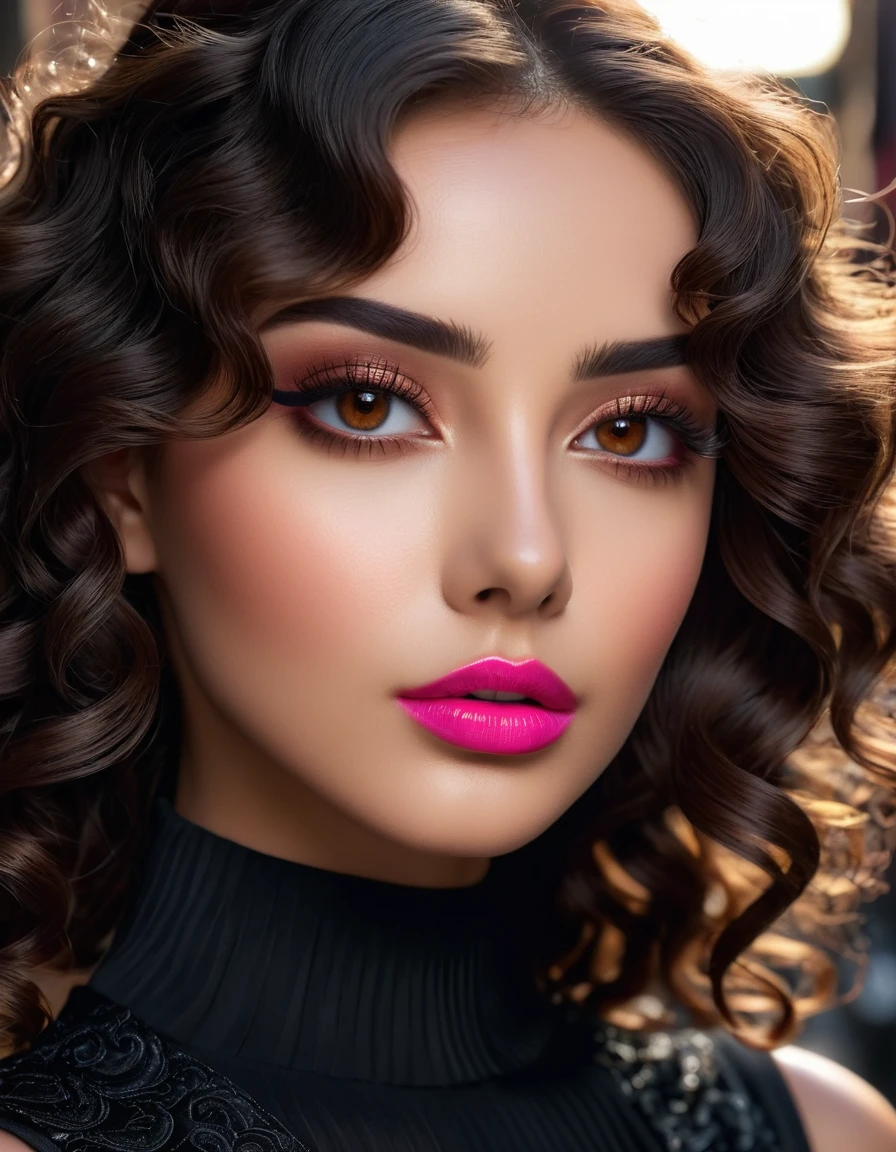 photorealistic Realism 16K Quality: ((((Ultra resolution, absurd detailed detail quality, absurd quality details clear non blurry and sharp perfectly round realistic brown_eyes:1.35)), extremely detailed:1.35)), ((super realistic sharp-eyes)), (tired and sleepy and satisfied:0.0), finely detailed pupils,BREAK,detailed lips:1.3, red_lipstick:1.2,(perfect dark_eyeshadows:1.25), (iridescent eyes), with professional makeup, vibrant eyes:1.2, (super Detailed, beautiful little nose:1.2), (perfect composition), Depth of field, cinematic light, Lens flare, (extremely beautiful lips), a cute 1model:1.4 24yo, dslr, best high quality soft lighting, sharp focus captured by Fujifilm XT3, f 5.6, in a dramatic lighting, ((extremely beautiful cute sharp-face)), ((V-line jaw)), (light pale complexion), ((finely detailed pupils:1.4)), ((detailed symmetrical lips:1.3)), pink_lipstick:1.3, ((long eyeliner), extreme detailed:1.3), ((perfect dark_eyeshadows:1.35)), (Detailed nose:1.2), (perfect composition), (best high quality realistic texture skin), ((best high quality realistic texture long black hair, (curly waves), hyper Intricate details:1.45)), (Super beautiful body), (perfect female body:1.4), (small round head:1.4 (anatomically correct)), slim face, beautiful cheekbones, ((slim-muscled body:1.24)), ((firm and full breasts)), (super detailed professional makeup on face:1.3), perfect composition, (pale skin), ((dry skin)), (photorealistic, 4k,8k, insanel realistic details, masterpiece), vibrant:1.2, (Upper body shot), ((highly elaborate extravagant microscopic street outfit:1.25)), perfect composition, ((look at the viewer)), Hasselblad, 85mm f/4.0
