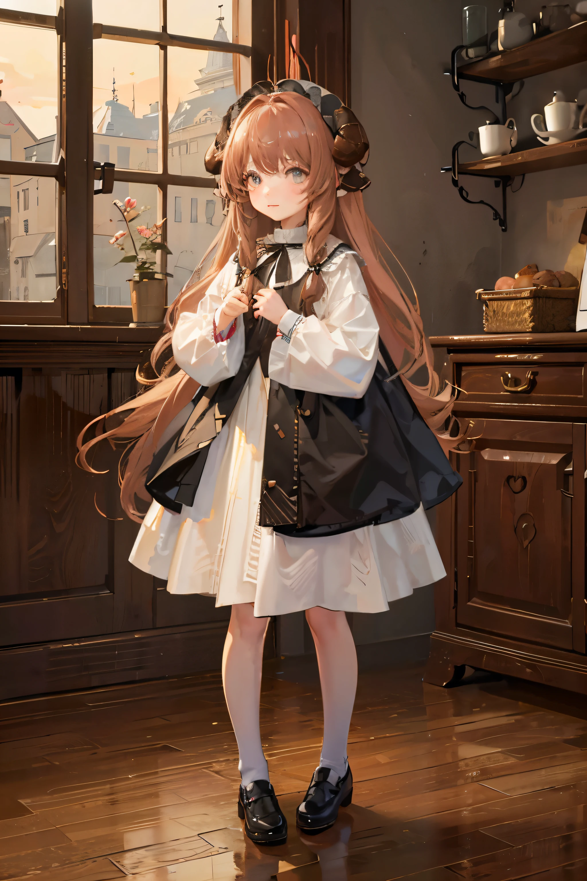 A girl about 。The hair is long and chestnut-colored、It has fluffy waves.。It has sheep's horns growing from the sides of its head.。