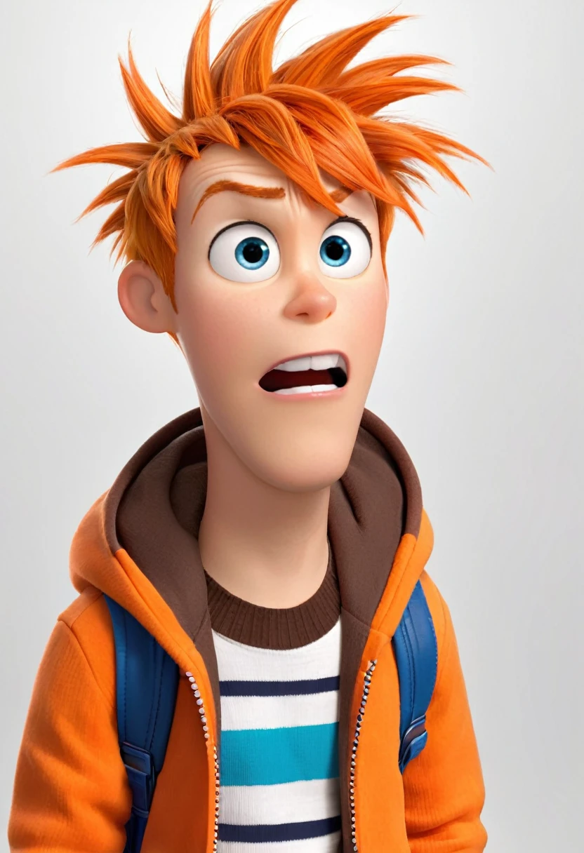 Anxious (a boy character in the movie "Inside Out" with orange wig with wild, spiky hair, an orange and white striped sweater, and brown corduroy pants. Accessorize with a brown belt, orange gloves, and a pair of brown boots) is anxious about dont know what to do next, worry about his own life, emotional, wondering, thinking face, hand on the face, worry, not happy, anxious