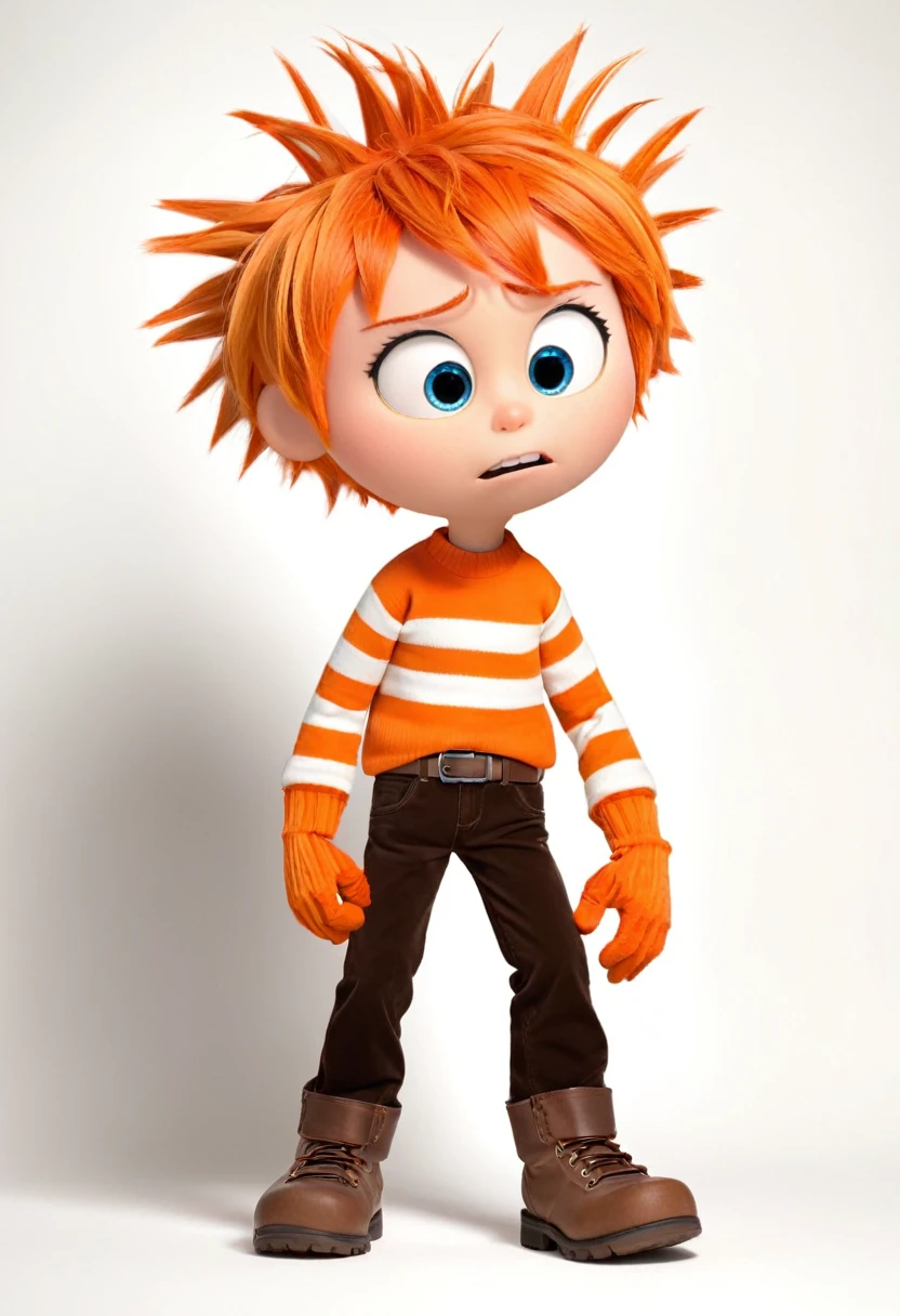 Anxious (a boy character in the movie "Inside Out" with orange wig with wild, spiky hair, an orange and white striped sweater, and brown corduroy pants. Accessorize with a brown belt, orange gloves, and a pair of brown boots) is anxious about dont know what to do next, worry about his own life, emotional, wondering, thinking face, hand on the face, worry, not happy, anxious