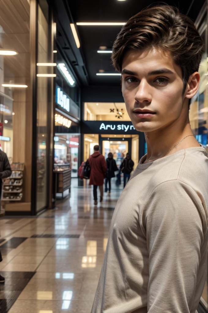 Young handsome slim brunette man taking selfie realistic 8k, in a shopping center, high quality background