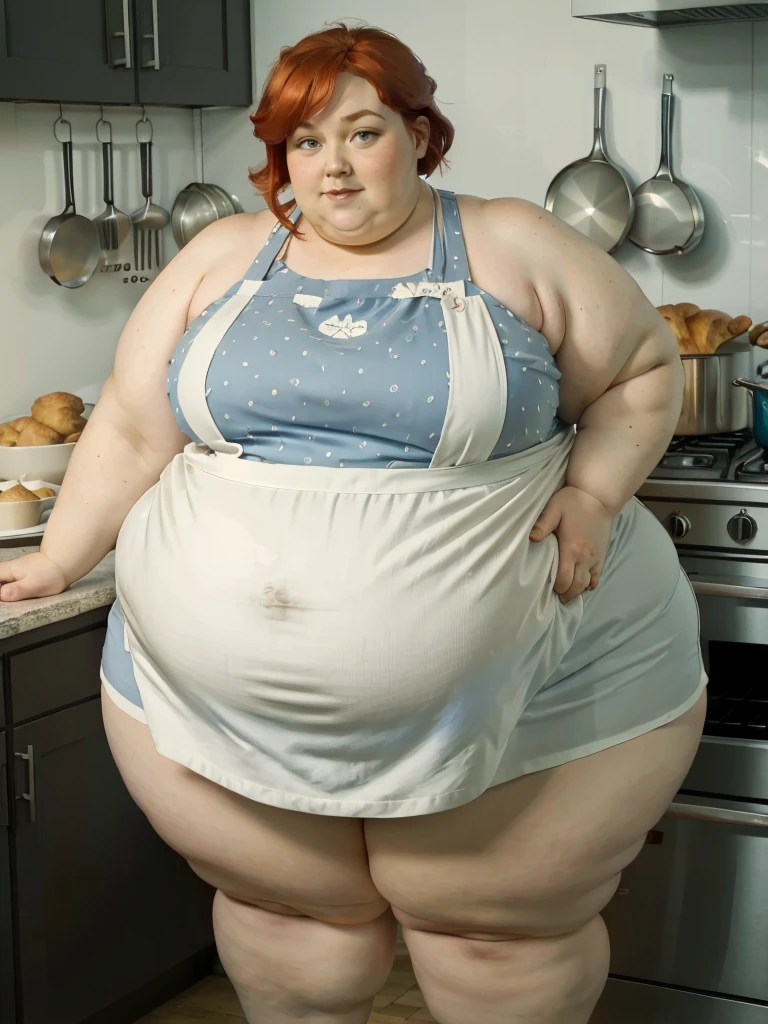 A muffin-baking photo of a middle-aged beautiful bottom heavy tradwife redhead ssbbw with pear-bodyhape, extreme wide hips, with short ginger hair soft fat belly, extremely wide fat obese hips, very obese legs, thick fat wide legs and fat arms, huge wide butt, cute pretty face, small breasts, blue eyes, freckles, in a long cooking apron in a kitchen, there is a plate of muffins on the desk