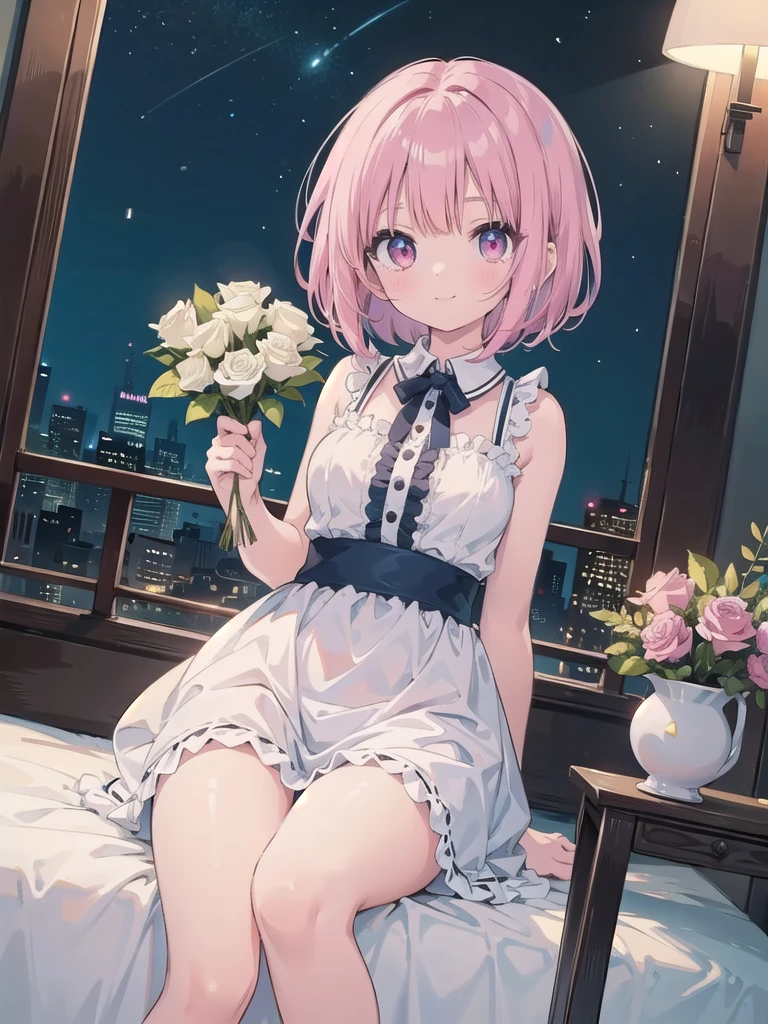 (masterpiece、Highest quality)、Ultra-high resolution、(Highest qualityのフォトリアリスティックなイラスト)、(Super fine)、(Cute illustrations:1.3)、(High chroma:1.2)、Beautiful detailed face and eyes、Highly detailed background、Dynamic lighting、(Very delicate and beautiful)、Nice hands、Perfect hands、(Proper Posture)、(Proper Configuration)、ideal ratio body proportion、((One girl))、solo、(Sitting)、(Front view:1.2)、From above、Dynamic angle、(Upper body close-up)、Party Venue、Tapestries and artwork、(night:1.3)、break、(Manga Style)、(Line art_animation)、(Cowboy Shot、Highest quality)、(Photo by Laura Budd:1.2)、(Adding details about Laura:1.0)、8K、Flat Color:0.8、One girl、smile、(White Baby Doll、Bedroom Background、5)、Bob cut dark pink hair、Beautiful detailed pink eyes、、、Big Breasts、attractive、Large Breasts、Holding a bouquet of roses