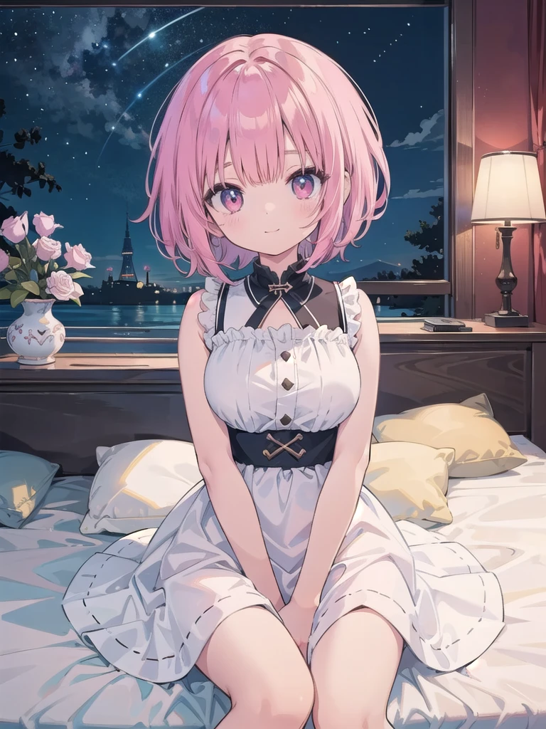 (masterpiece、Highest quality)、Ultra-high resolution、(Highest qualityのフォトリアリスティックなイラスト)、(Super fine)、(Cute illustrations:1.3)、(High chroma:1.2)、Beautiful detailed face and eyes、Highly detailed background、Dynamic lighting、(Very delicate and beautiful)、Nice hands、Perfect hands、(Proper Posture)、(Proper Configuration)、ideal ratio body proportion、((One girl))、solo、(Sitting)、(Front view:1.2)、From above、Dynamic angle、(Upper body close-up)、Party Venue、Tapestries and artwork、(night:1.3)、break、(Manga Style)、(Line art_animation)、(Cowboy Shot、Highest quality)、(Photo by Laura Budd:1.2)、(Adding details about Laura:1.0)、8K、Flat Color:0.8、One girl、smile、(White Baby Doll、Bedroom Background、5)、Bob cut dark pink hair、Beautiful detailed pink eyes、、、Big Breasts、attractive、Large Breasts、Holding a bouquet of roses