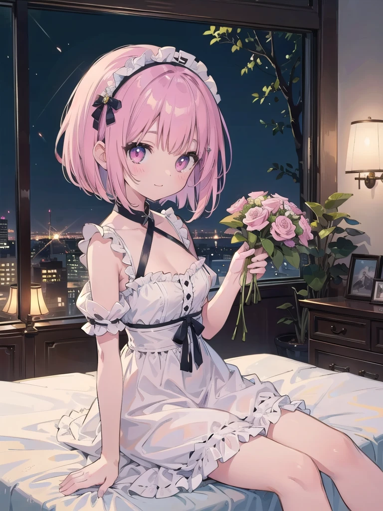 (masterpiece、Highest quality)、Ultra-high resolution、(Highest qualityのフォトリアリスティックなイラスト)、(Super fine)、(Cute illustrations:1.3)、(High chroma:1.2)、Beautiful detailed face and eyes、Highly detailed background、Dynamic lighting、(Very delicate and beautiful)、Nice hands、Perfect hands、(Proper Posture)、(Proper Configuration)、ideal ratio body proportion、((One girl))、solo、(Sitting)、(Front view:1.2)、From above、Dynamic angle、(Upper body close-up)、Party Venue、Tapestries and artwork、(night:1.3)、break、(Manga Style)、(Line art_animation)、(Cowboy Shot、Highest quality)、(Photo by Laura Budd:1.2)、(Adding details about Laura:1.0)、8K、Flat Color:0.8、One girl、smile、(White Baby Doll、Bedroom Background、5)、Bob cut dark pink hair、Beautiful detailed pink eyes、、、Big Breasts、attractive、Large Breasts、Holding a bouquet of roses