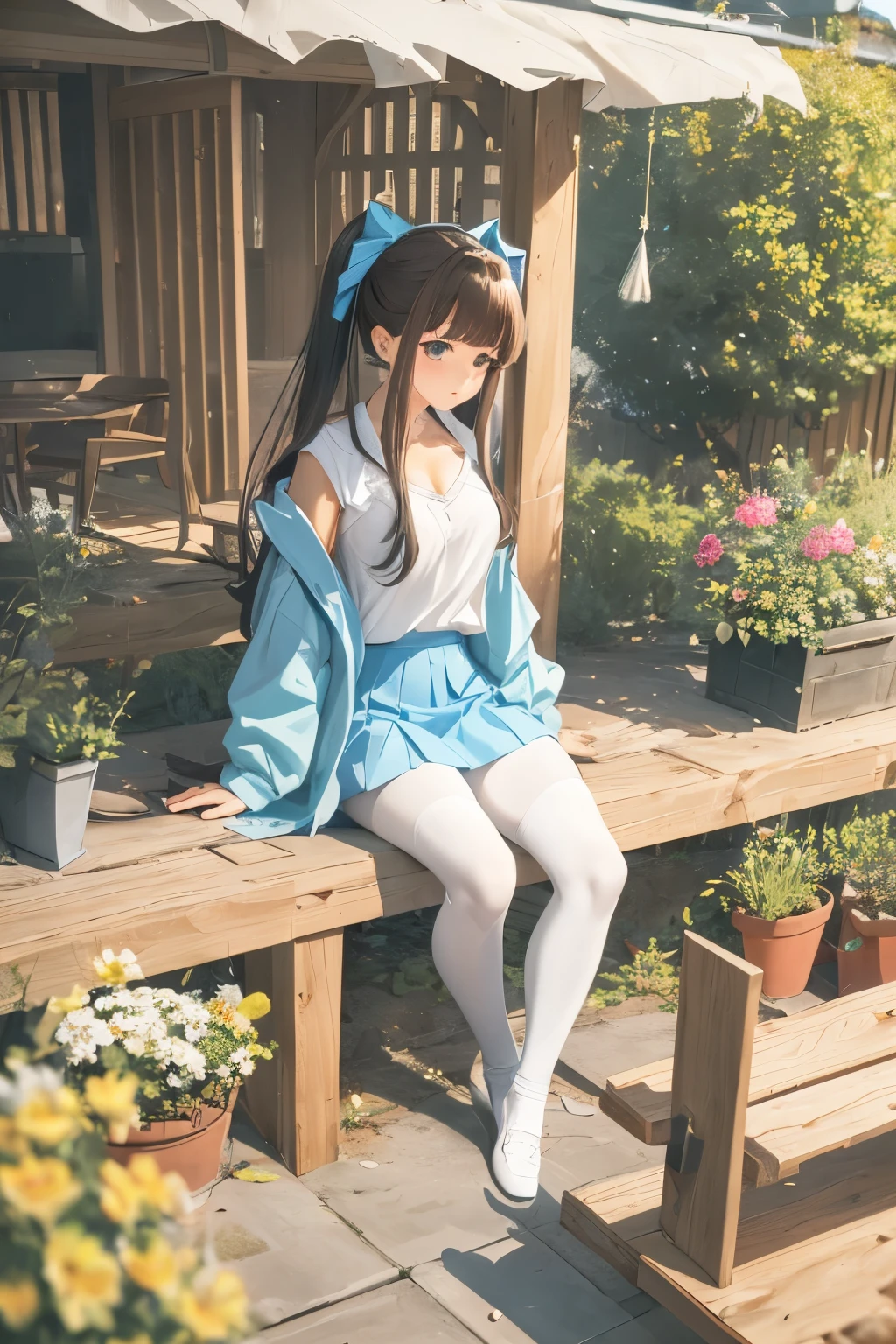 best quality,masterpiece,chunmomo,1girl, ,long sleeves, white shirt, pantyhose, pleated skirt, black pantyhose, green skirt, blue cardigan,in a botanical garden,floating_hair