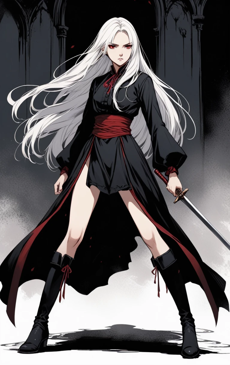Girl, 20 years old, with long white hair down to below her waist, a serious yet tender expression, and red eyes. Her hair features black streaks. She wears antique-style clothing, a long black dress with a slit on the legs, and high black boots that almost reach her knees. Her power and background are related to shadows and darkness. dark escense, figth stance