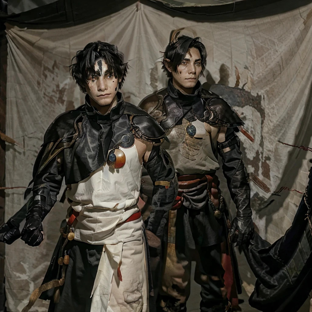 boy with short black hair, Sician warrior clothing, blood stained, and a wolf eye. anime version