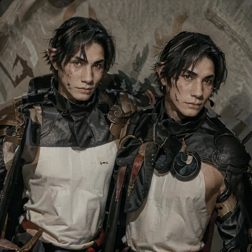 boy with short black hair, Sician warrior clothing, blood stained, and a wolf eye.