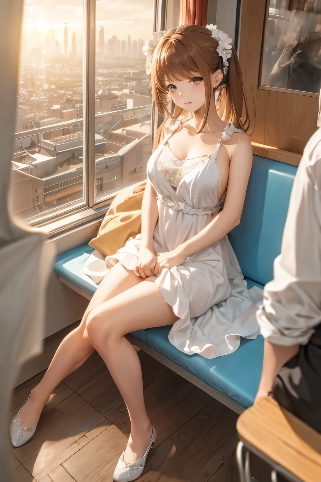 best quality,masterpiece,chunmomo,1girl, ,evening gown,on a bench in a train,the sun set, city landscape over the window,,floating_clothes