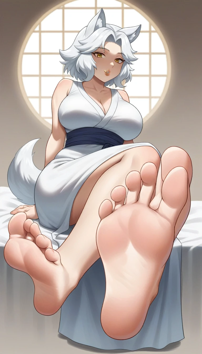 high detail, super detail, super high resolution. Extremely sexy and beautiful girl, with a beautiful face, delicate face, Beautiful lips, atl blanca, curvy body, hermosos ats y muslos, White hair, white wolf ears and wolf tail, low-cut japanese dress. sitting, mostrando atrnas, mostrando los ats, showing soles. young appearance, wide. barefoot, ats en cámara, big breasts, correct at anatomy, anatomía de los ats, sexy at, ats apuntando al espectador, at, soles, Detailed feet, correct at anatomy, soles, seated.