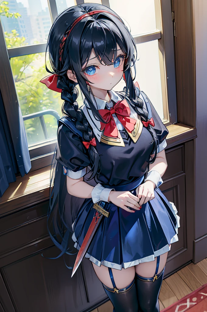 Black-haired girl，Indifferent girl，Golden pupils，Black long hair，braid，braid，脑后braid，Lolita Skirt，Blue Lolita Dress，Lolita style，Blue Skirt，Blue Skirt，Blue Skirt，Blue Skirt，蓝白Lolita Skirt，Blue Dress，Blue Dress，Red bow tie，Red bow tie，Red bow tie，Red bow tie，Red bow tie，单条braid，单条braid，短braid，Repressive style，Garter，Garter，Garter，Large Breasts，Great Sword，手持Great Sword，手持Great Sword，Great Sword