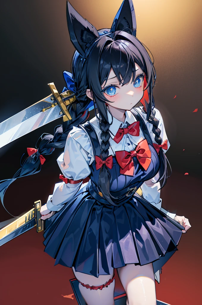 Black-haired girl，Indifferent girl，Golden pupils，Black long hair，braid，braid，脑后braid，Lolita Skirt，Blue Lolita Dress，Lolita style，Blue Skirt，Blue Skirt，Blue Skirt，Blue Skirt，蓝白Lolita Skirt，Blue Dress，Blue Dress，Red bow tie，Red bow tie，Red bow tie，Red bow tie，Red bow tie，单条braid，单条braid，短braid，Repressive style，Garter，Garter，Garter，Large Breasts，Great Sword，手持Great Sword，手持Great Sword，Great Sword