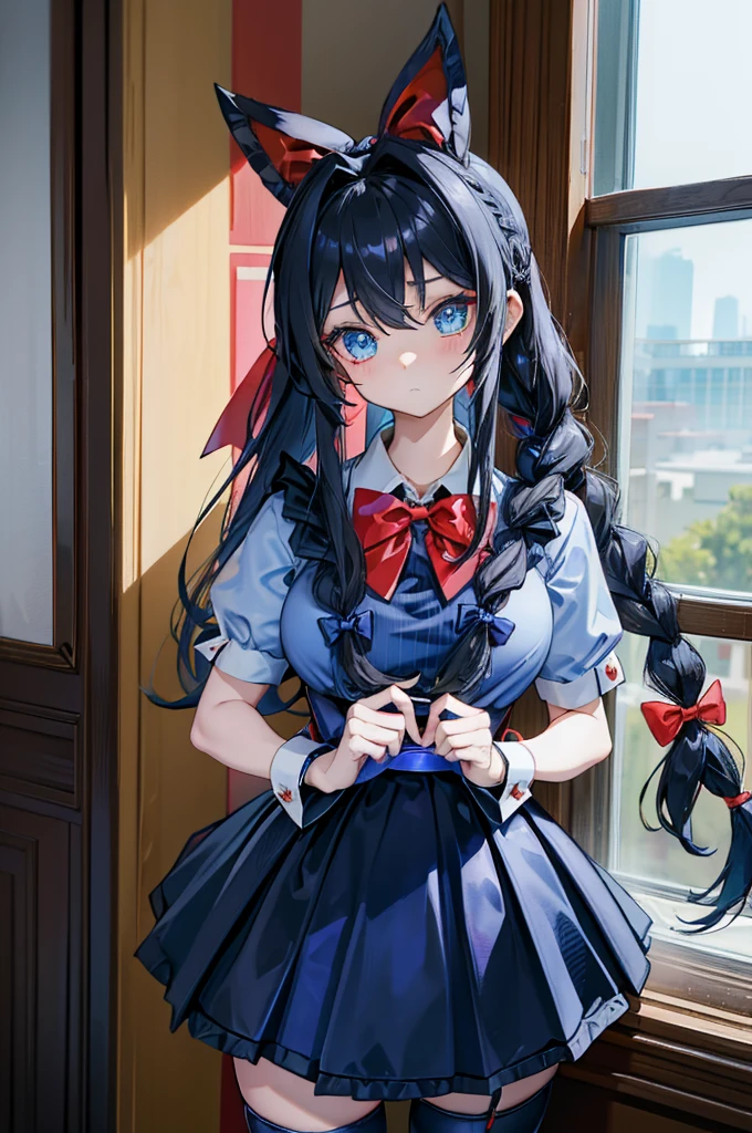 Black-haired girl，Indifferent girl，Golden pupils，Black long hair，braid，braid，脑后braid，Lolita Skirt，Blue Lolita Dress，Lolita style，Blue Skirt，Blue Skirt，Blue Skirt，Blue Skirt，蓝白Lolita Skirt，Blue Dress，Blue Dress，Red bow tie，Red bow tie，Red bow tie，Red bow tie，Red bow tie，单条braid，单条braid，短braid，Repressive style，Garter，Garter，Garter，Large Breasts，Great Sword，手持Great Sword，手持Great Sword，Great Sword