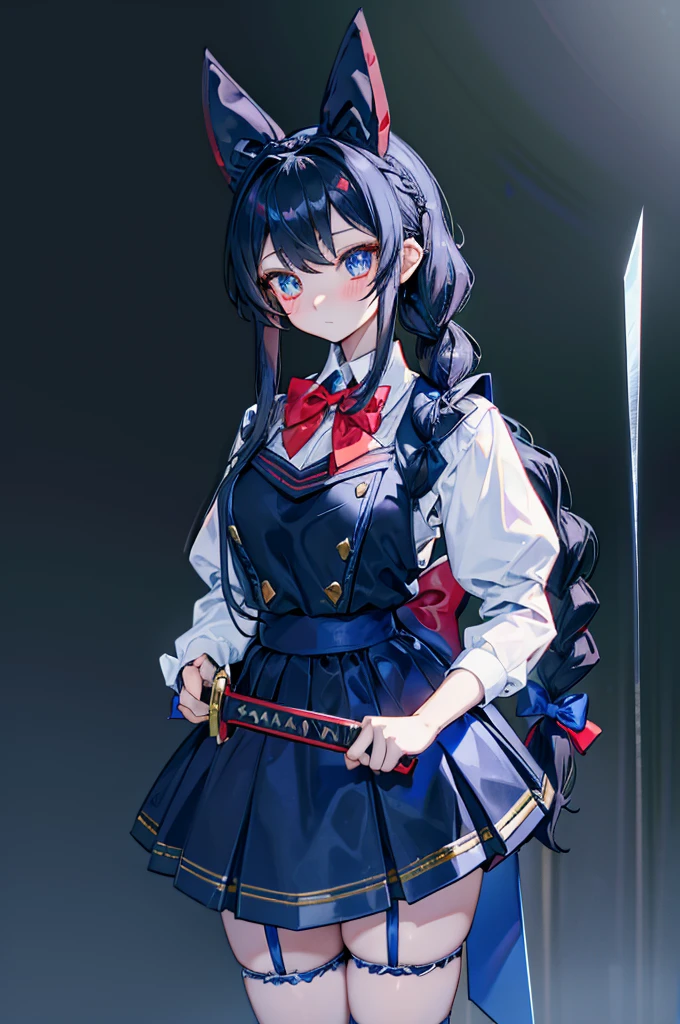 Black-haired girl，Indifferent girl，Golden pupils，Black long hair，braid，braid，脑后braid，Lolita Skirt，Blue Lolita Dress，Lolita style，Blue Skirt，Blue Skirt，Blue Skirt，Blue Skirt，蓝白Lolita Skirt，Blue Dress，Blue Dress，Red bow tie，Red bow tie，Red bow tie，Red bow tie，Red bow tie，单条braid，单条braid，短braid，Repressive style，Garter，Garter，Garter，Large Breasts，Great Sword，手持Great Sword，手持Great Sword，Great Sword