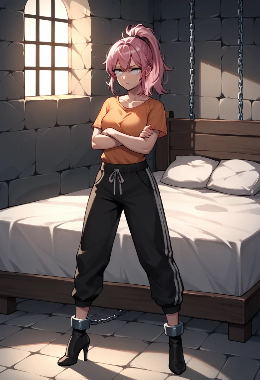 score_9, score_8_up, score_7_up, score_6_up, score_5_up, score_4_up, source_anime, 1girl,bed ,pink hair, ponytail, white eyes, w-w-chain, shackles , crossed arms, chain your hands, loose hair, black orange shirt,sweatpants,black over the knee boots, heels ,saint laurents boots,popular brand , night , dungeon, best quality, best res, 4K UHD,
 