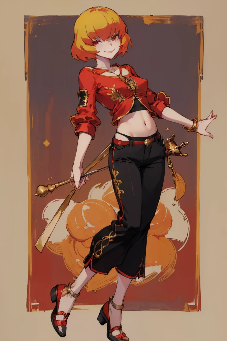 ((highest quality)), ((masterpiece)), (be familiar with),Clementine,Overload,{{nsfw}},Orange shawl,Grey Shirt,White pants,Bewitching Smile,whole body,High heels,Erect nipples
