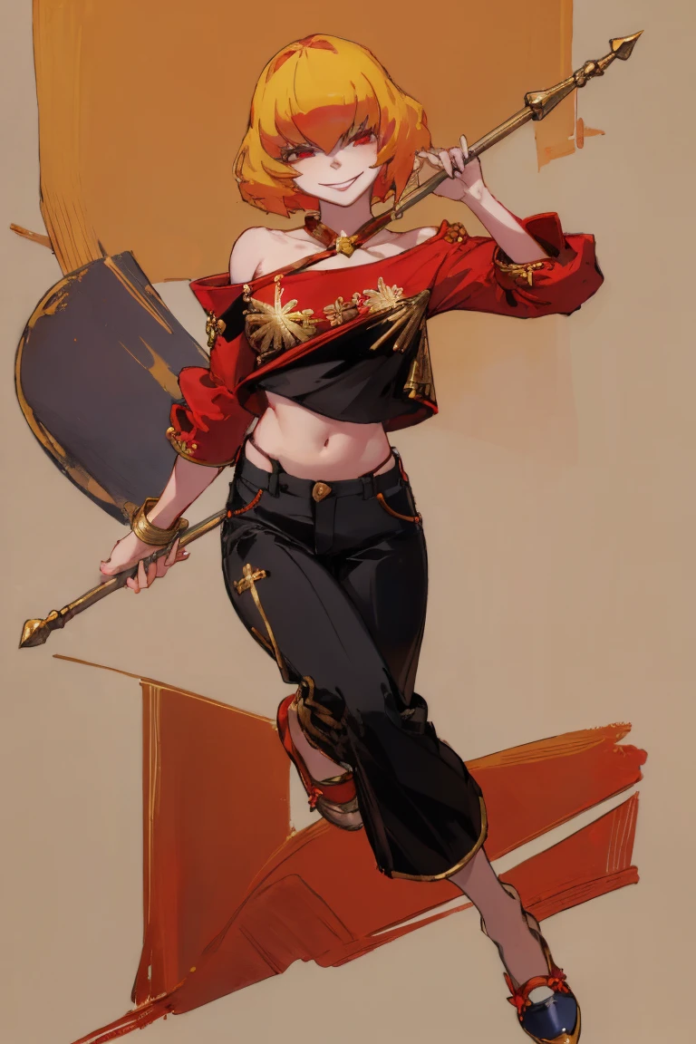 ((Highest quality)), ((masterpiece)), (be familiar with),Clementine,Overload,nsfw,Red Shirt,No sleeve,Gold embroidery,shoes,Fascinating,Black pants,Bewitching Smile,whole body