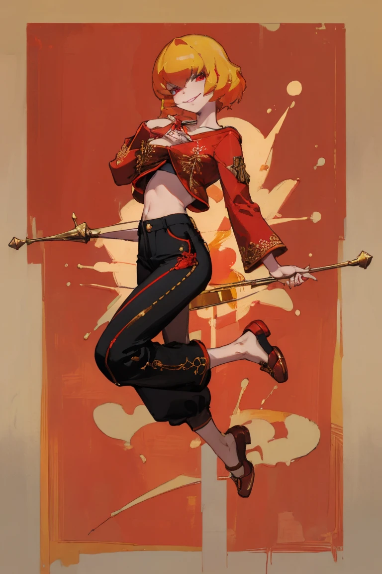 ((Highest quality)), ((masterpiece)), (be familiar with),Clementine,Overload,nsfw,Red Shirt,No sleeve,Gold embroidery,shoes,Fascinating,Black pants,Bewitching Smile,whole body