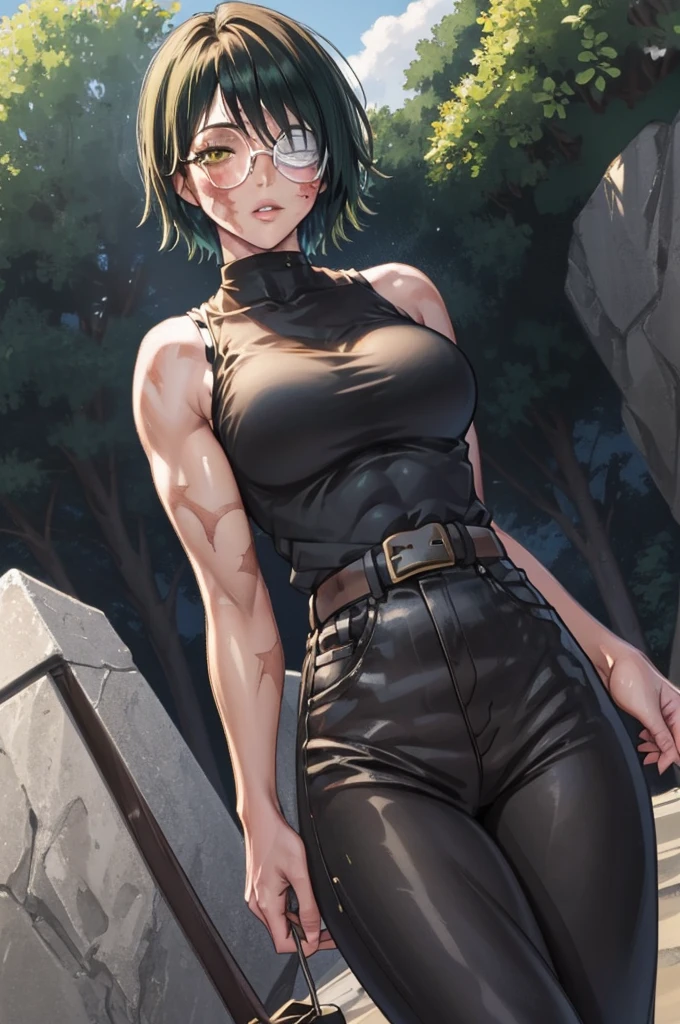MakiShS1, solo, scar, short hair, 1girl, scar on face, looking at viewer, glasses, burn scar, green hair, sleeveless, belt, pants, bangs, cowboy shot,  shirt, muscular, bandages, round eyewear, bandage over one eye, normal breasts, bare shoulders, closed mouth, muscular female, turtleneck, yellow eyes, black pants, black shirt, scar on arm, parted lips, black clothes, sleeveless shirt, high-waist pants, outdoors, sky, blue sky, clouds, trees, BREAK
masterpiece, best quality, highly detailed background, perfect lightingbest quality, ((shiny skin, glossy skin, detailed skin))