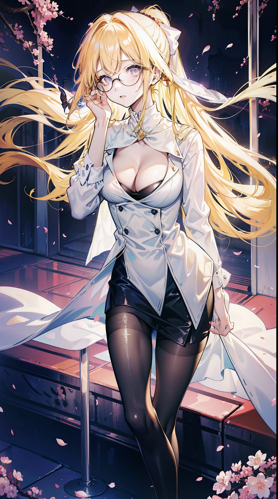 Young and beautiful Kathryn Newton, Glasses, White dress shirt, Very deep neckline, Black Mini Dress, Dark pantyhose, Surreal, , Model figure, Large Breasts, Beautiful breasts, Big Ass, Long hair, Ponytail, Blonde hair, Long legs, 8K, futuristic city, Cherry blossoms, sunrise, LED lighting, Anime style, (((Cleavage))),((Leaning against the wall,Sideways posture))
