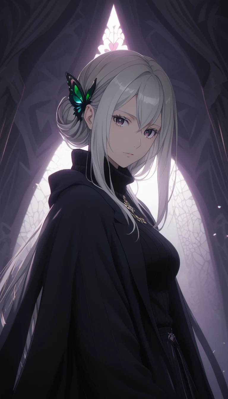 score_9, score_8_up, score_7_up, score_6_up, uncensored, Echidia, echidna, silver hair, long hair, butterfly hair ornament, purple eyes, multicolored eyelashes, BREAK (masterpiece:1.2), best quality, high resolution, (beautiful detailed eyes:1.3), perfect lighting, (perfect hands, perfect anatomy), large breasts, breasts, epic art, fantasy, 1girl, solo, looking_at_viewer, jacket, sweater, upper_body, sidelocks, breasts,  coat, ribbed_sweater, turtleneck, looking at viewer, glow effects, godrays, Hand drawn, Vivid colors, extremely detailed CG unity 8k wallpaper, trending on CGSociety, Intricate, High Detail, dramatic, hollow eyes, expressionless 