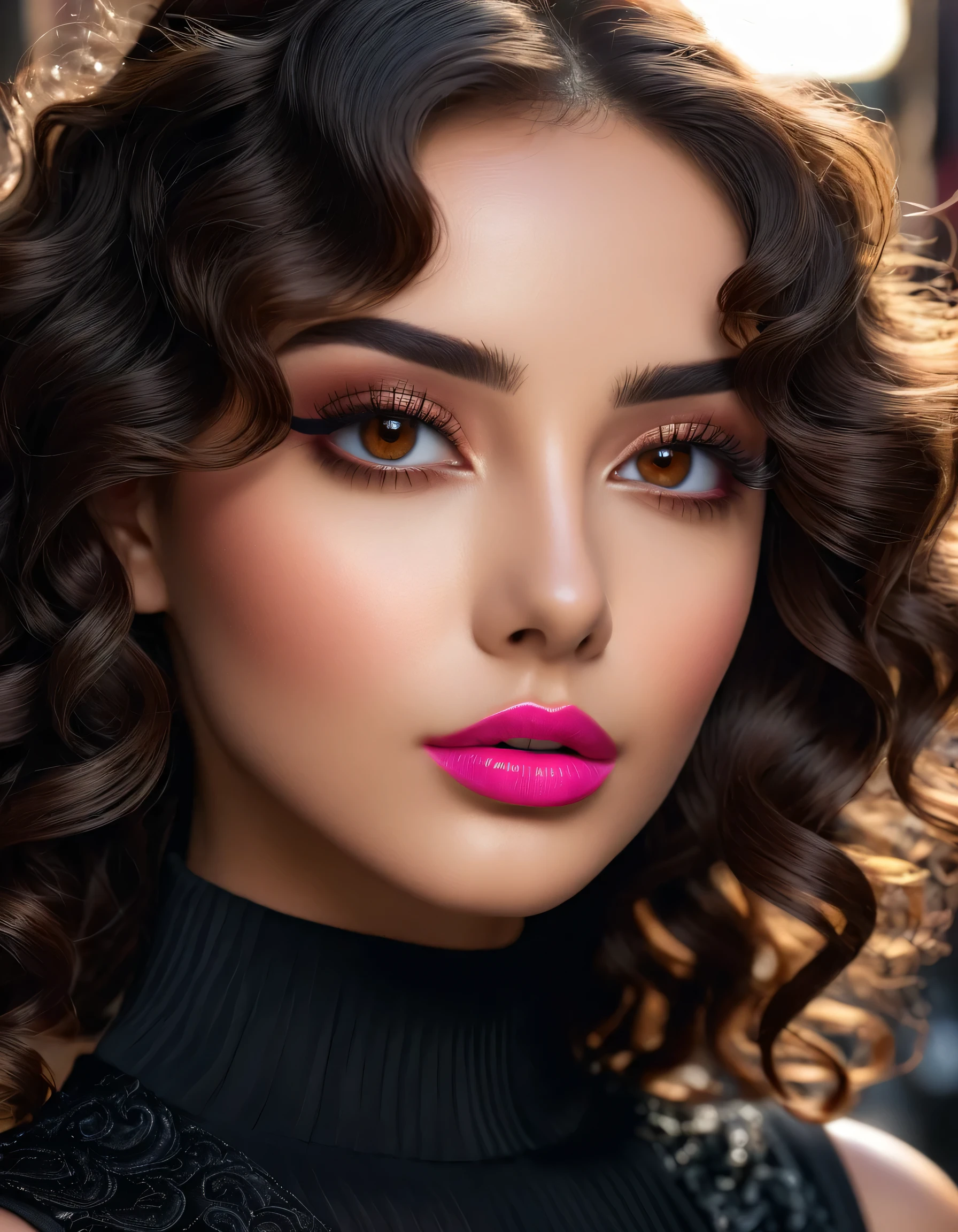 photorealistic Realism 16K Quality: ((((Ultra resolution, absurd detailed detail quality, absurd quality details clear non blurry and sharp perfectly round realistic brown_eyes:1.35)), extremely detailed:1.35)), ((super realistic sharp-eyes)), (tired and sleepy and satisfied:0.0), finely detailed pupils,BREAK,detailed lips:1.3, red_lipstick:1.2,(perfect dark_eyeshadows:1.25), (iridescent eyes), with professional makeup, vibrant eyes:1.2, (super Detailed, beautiful little nose:1.2), (perfect composition), Depth of field, cinematic light, Lens flare, (extremely beautiful lips), a cute 1model:1.4 24yo, dslr, best high quality soft lighting, sharp focus captured by Fujifilm XT3, f 5.6, in a dramatic lighting, ((extremely beautiful cute sharp-face)), ((V-line jaw)), (light pale complexion), ((finely detailed pupils:1.4)), ((detailed symmetrical lips:1.3)), pink_lipstick:1.3, ((long eyeliner), extreme detailed:1.3), ((perfect dark_eyeshadows:1.35)), (Detailed nose:1.2), (perfect composition), (best high quality realistic texture skin), ((best high quality realistic texture long black hair, (curly waves), hyper Intricate details:1.45)), (Super beautiful body), (perfect female body:1.4), (small round head:1.4 (anatomically correct)), slim face, beautiful cheekbones, ((slim-muscled body:1.24)), ((firm and full breasts)), (super detailed professional makeup on face:1.3), perfect composition, (pale skin), ((dry skin)), (photorealistic, 4k,8k, insanel realistic details, masterpiece), vibrant:1.2, (Upper body shot), ((highly elaborate extravagant microscopic street outfit:1.25)), perfect composition, ((look at the viewer)), Hasselblad, 85mm f/4.0
