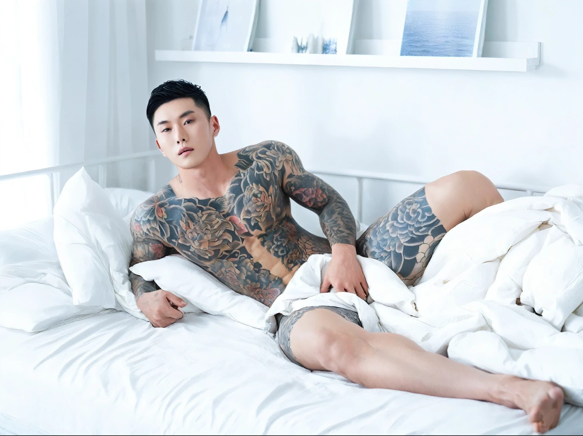 there is a man laying on a bed with a tattoo on his chest, inspired by Joong Keun Lee, asian male, south korean male, alessio albi and shin jeongho, muscular body tattooed, fully tattooed body, taejune kim, with tattoos, posing in bed, yanjun chengt, korean muscle boy 2 , hong june hyung