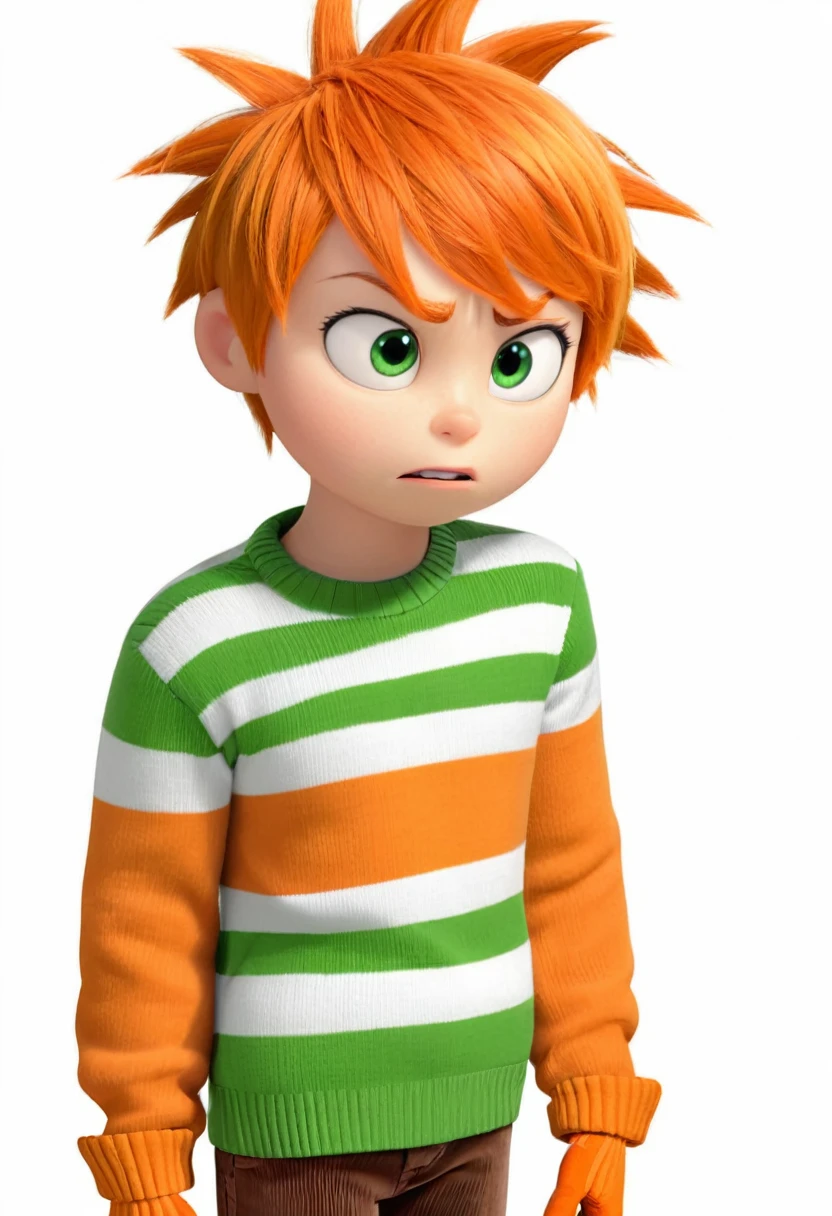 Anxious (a boy character in the movie "Inside Out" with orange wig with wild, green eyes, spiky hair, an orange and white striped sweater, and brown corduroy pants. Accessorize with a brown belt, orange gloves, and a pair of brown boots) is anxious about dont know what to do next, worry about his own life, emotional, wondering, thinking face, hand on the face, worry, not happy, anxious