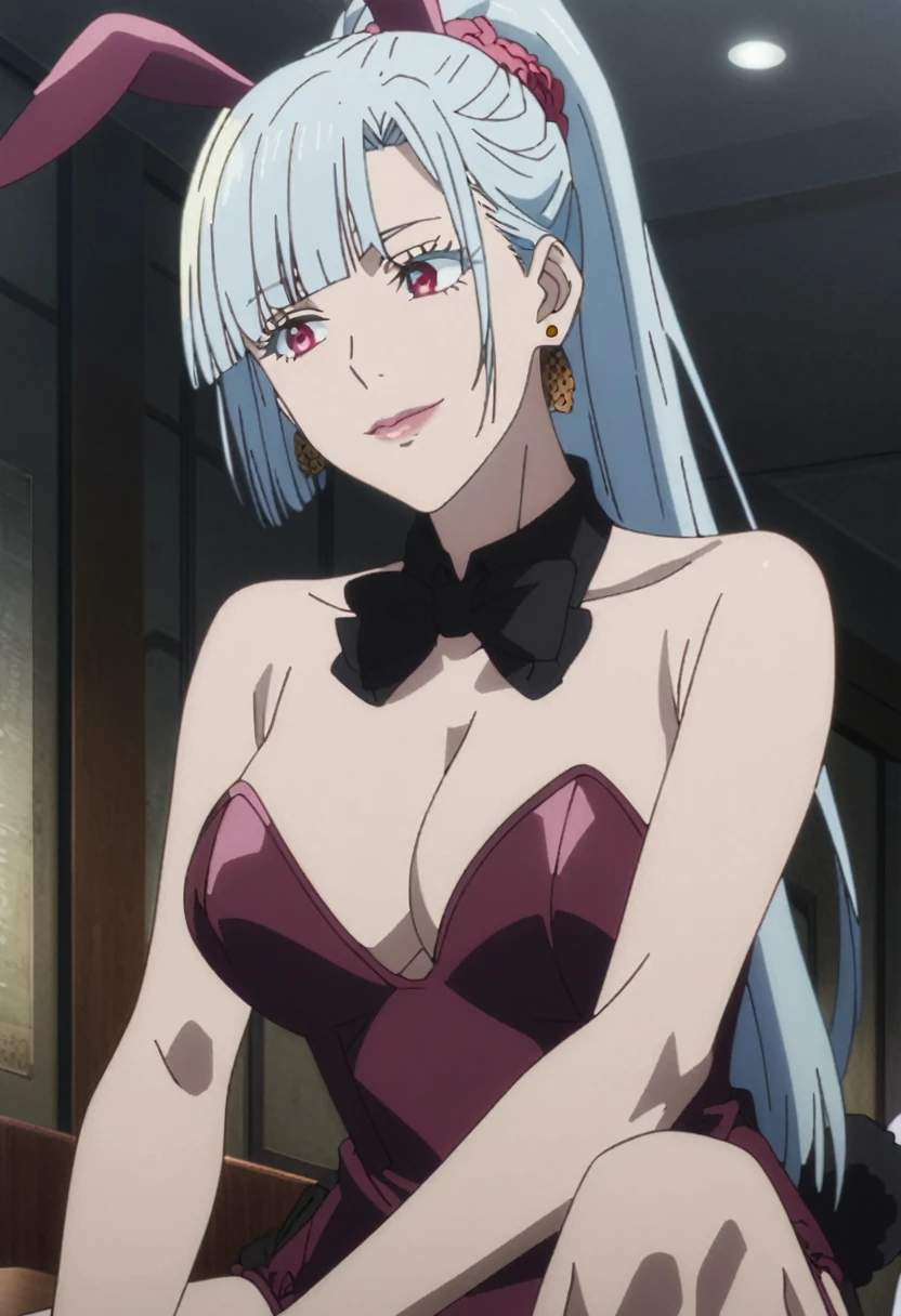 1girl, female gojo satoru, anime screencap from jujutsu kaisen, gojo satoru female version, solo, long_hair, Red eyes (silver_hair)), (hanging breasts) upper_body, smile, indoors, book, red_eyes, lips, ( ponytail) ((wearing bunny outfit ) breast, "very detailed and high resolution" (Red eyes) ((solo)) (earings) ((high resolution)) ((good quality)) ((side bangs)) (sitting)