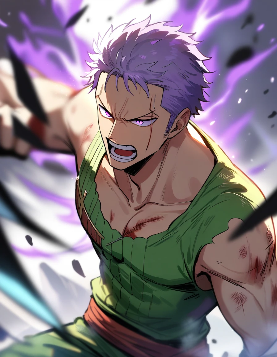 1boy, male focus, Zoro, One piece, injury, haki,, masterpiece, best quality, very aesthetic, absurdres, depth of field, fighting, glowing purple eyes