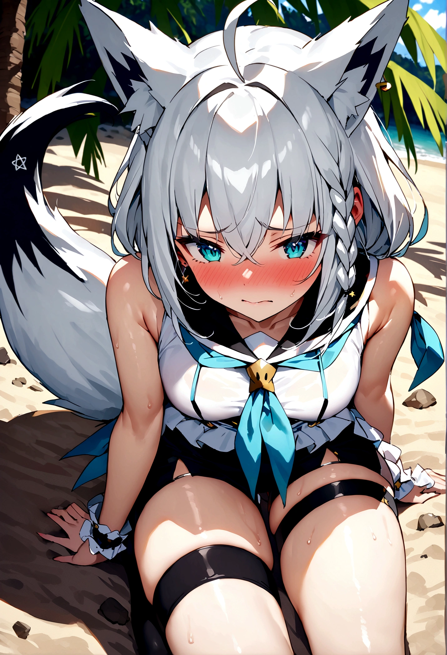 NSFW,masterpiece,Highest quality,High resolution,Super detailed,Snowstorm、Gray Hair、One-sided braid、Ahoge、Earrings、Fox Tail、fubuki_base、White blouse、Sleeveless、Black shorts、Blue neckerchief、Thigh straps、Single knee socks、White Hair、One side braided、Ahoge、Earrings、Fox's Tail,Embarrassed,Frustrated face,Lust,blush,Expecting face,Seduce,beach,Palm tree,Rock Shade,(To flatter),want,Streaks,(Sex slave),(Flashy guy),Having sex,Insert,Creampie