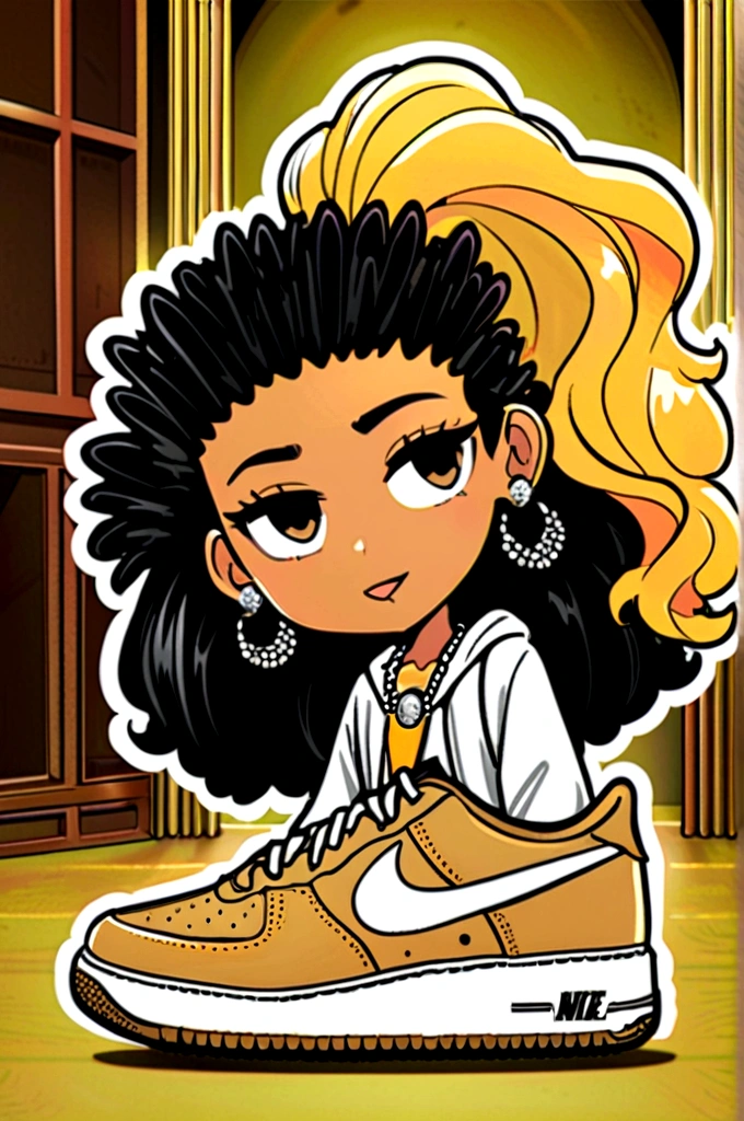 Crée une image de style cartoon représentant une adolescente très belle avec des cheveux de couleur blond et bouclés, portant des vêtements féminine, un collier de diamant, et des boucles d'oreilles en diamant et pourtant des chaussures nike