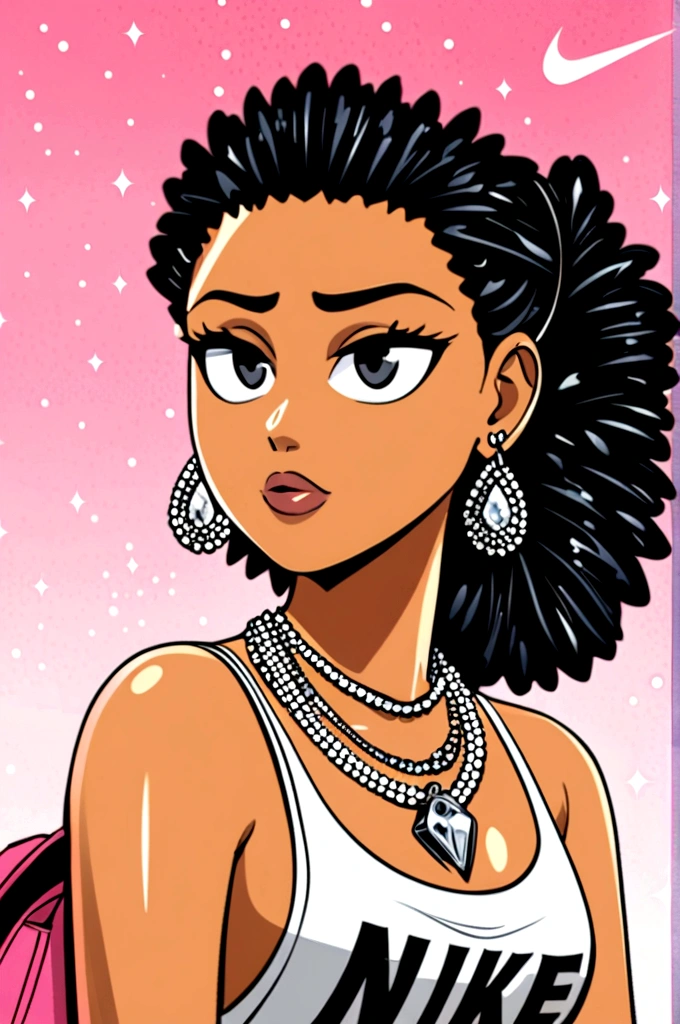 Crée une image de style cartoon représentant une adolescente très belle avec des cheveux de couleur blond et bouclés, portant des vêtements féminine, un collier de diamant, et des boucles d'oreilles en diamant et pourtant des chaussures nike