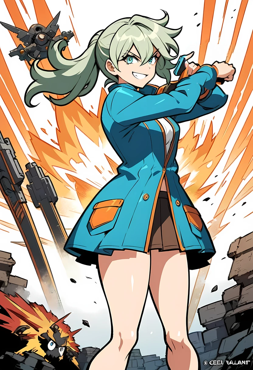 anime girl in blue jacket and skirt holding a cell phone, anya from the Spy strives splash art, female anime character, guilty equipment effort graphics, dramatic smile pose, cel-shaded art style, doing the middle finger