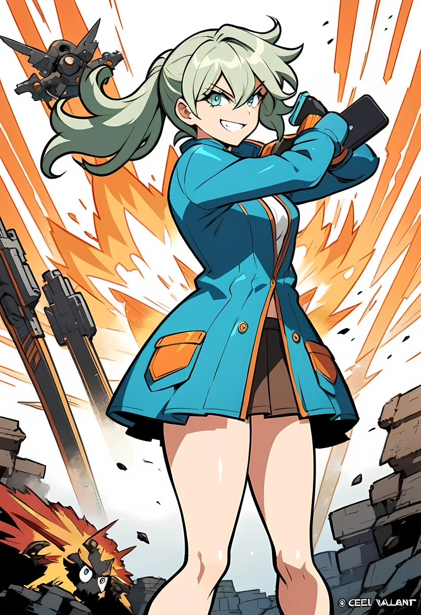 anime girl in blue jacket and skirt holding a cell phone, anya from the Spy strives splash art, female anime character, guilty equipment effort graphics, dramatic smile pose, cel-shaded art style, doing the middle finger