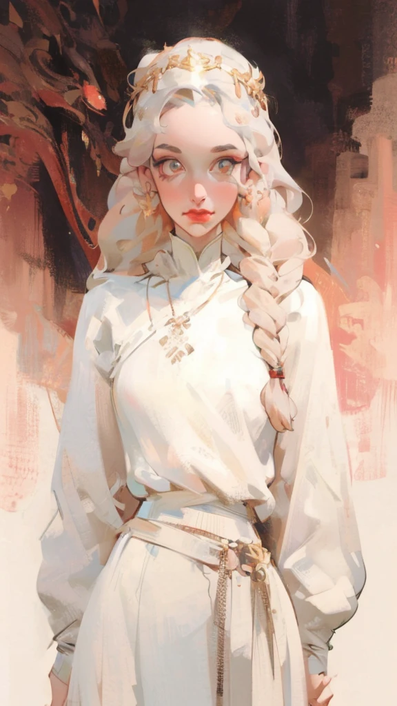 Girl with white wavy hair,side braids,beautiful necklace, Targaryen women hairstyle,beautiful gold tiara, red and black dress