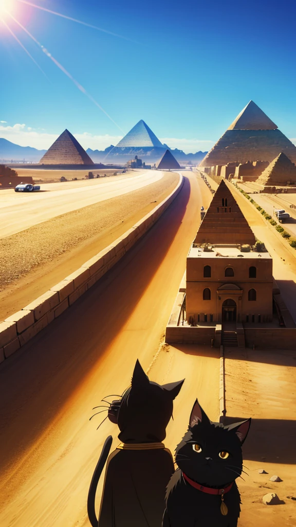 road of a egypt city, tents, black people with cat ears, pyramid in the distance, sunlight, day,