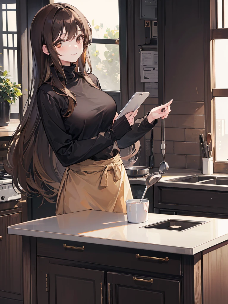 1girl, long brown hair, woman, brown eyes, smile, wearing black turtleneck, dark gray pants, house, kitchen, absurdres, high res, ultrasharp, 8K, masterpiece