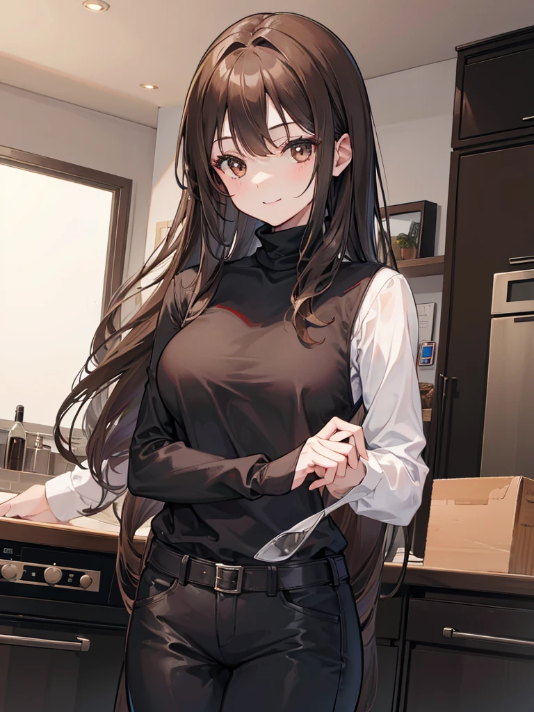1girl, long brown hair, woman, brown eyes, smile, wearing black turtleneck, dark gray pants, house, kitchen, absurdres, high res, ultrasharp, 8K, masterpiece