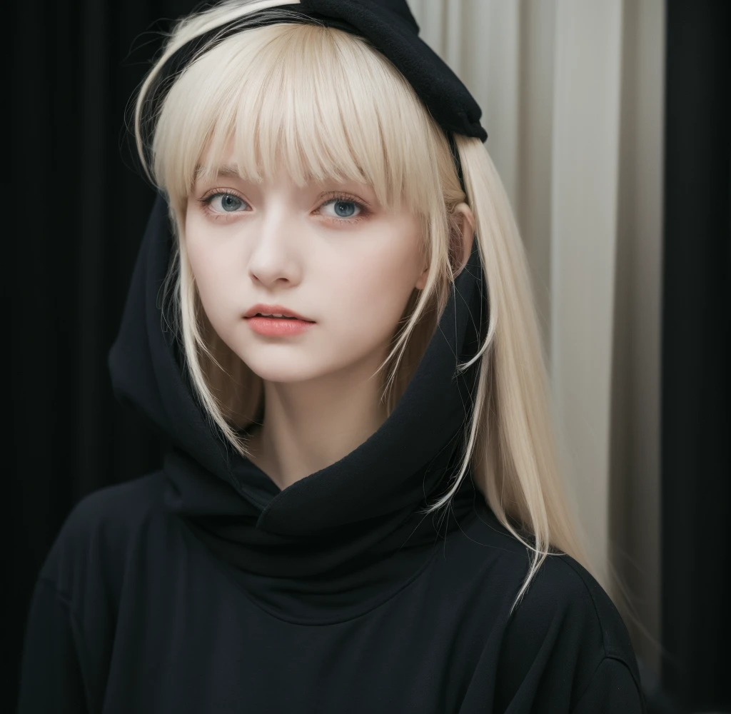 Tall pale blonde age girl with bangs soft silky hair in long black sweatshirt and black pants wearing a white Russian Soviet ushanka on her head