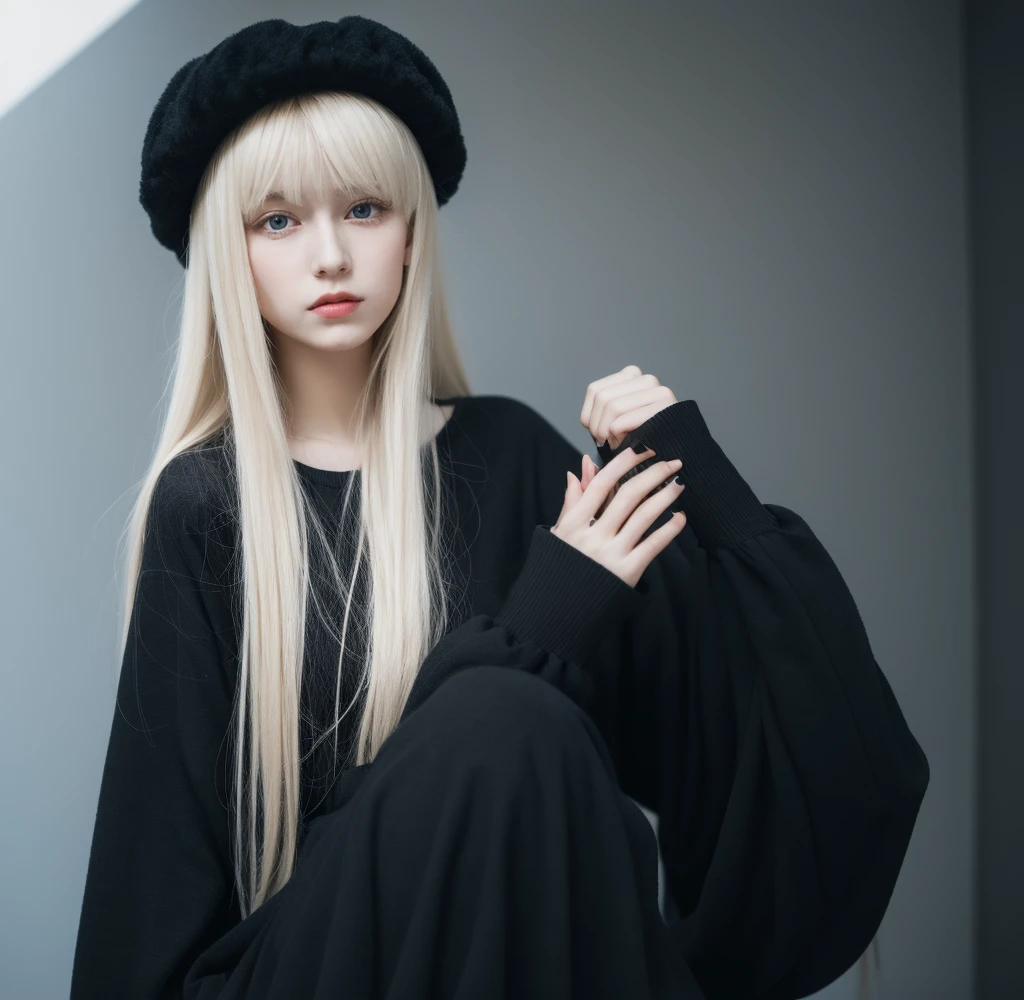 Tall pale blonde age girl with bangs soft silky hair in long black sweatshirt and black pants wearing a white Russian Soviet ushanka on her head