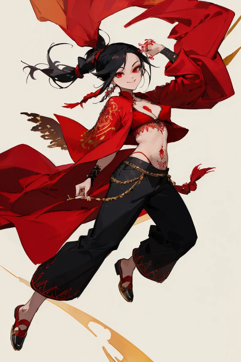 ((Highest quality)), ((masterpiece)), (be familiar with),One female,Black Hair,Red eyes,Red Shirt,No sleeve,Gold embroidery,shoes,Fascinating,Black pants,Chest tattoo, Bewitching Smile,Black Hair,Hair tied around the neck,Red shawl,Erect nipples,(whole body),Slanted Eyes