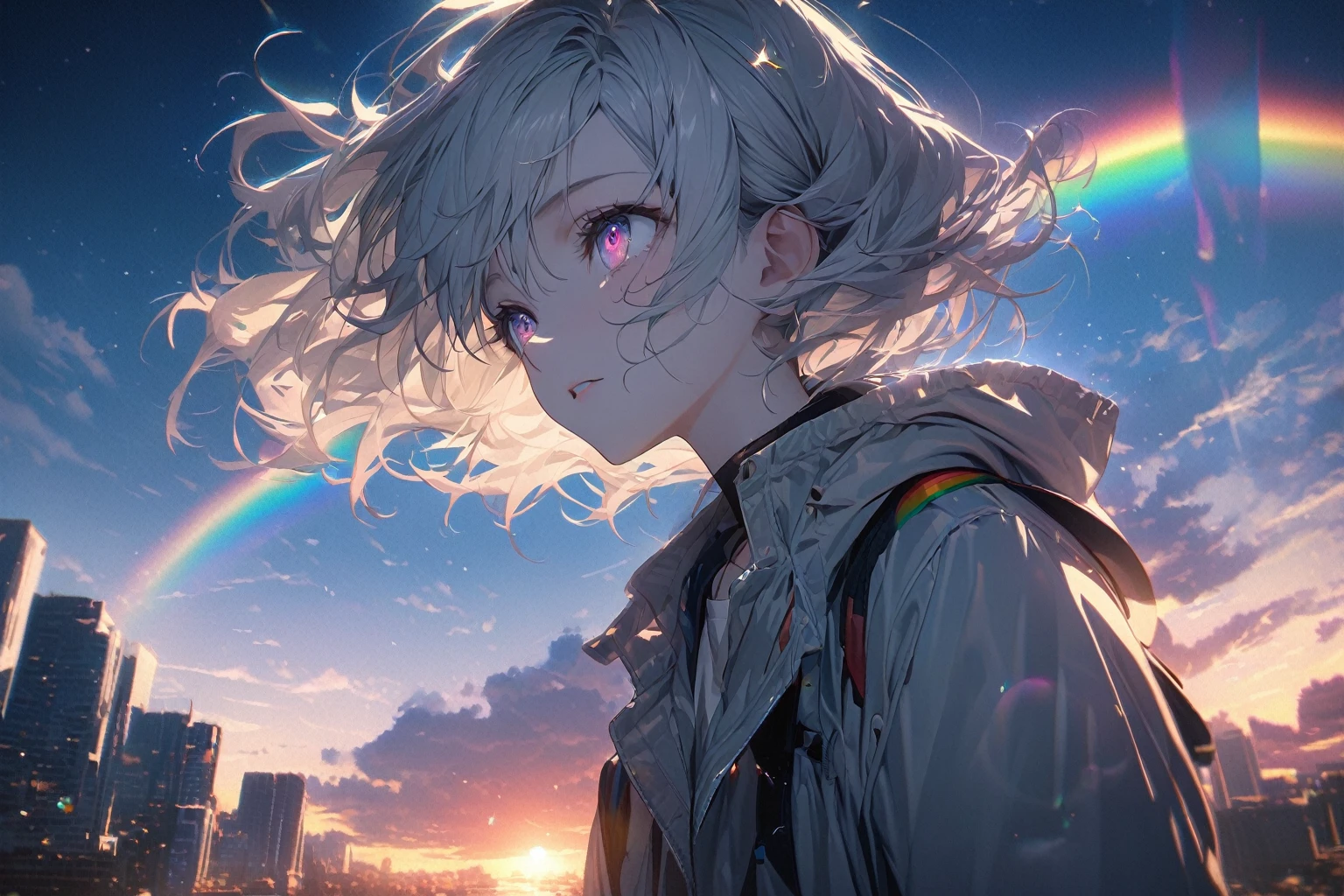 Angelic, detailed woman, sunrise, rainbow, After the Rain, horizon, In the sky, city , Lens flare, colorful,coat,Put your hands in your pockets,(student, 18-year-old, JK, Her short silver hair sways, Space-colored eyes, Pale skin, Tired face、Lack of eye sparkle) Looking up at the sky, Beautiful sky,There is the sea、The scenery is beautiful., 広いLooking up at the sky, In the skyはクジラが泳いでいます。, I see the wind blowing and shining, In the skyは正午の月と正午の星がある,From below, break ,quality(8K,非常に精細なCGユニットのwallpaper, masterpiece,High resolution,top-quality,top-quality real texture skin,Surreal,Increase the resolution,RAW Photos,最高quality,Very detailed,wallpaper,Cinema Lighting,Ray Tracing,Golden Ratio),Have a long-term perspective