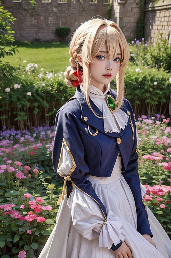 1girl in, (((masutepiece, Best Quality))),(Realistic, Photorealistic), Violet_Evergarden, Cowboy Shot, Blonde hair,braid, Red Hair Ribbon, Bangs, Short Blue Jacket, Blue long sleeves, Jewelry, Blue eyes, brooches, ascot, ((White long dress)), Looking at Viewer, Upper body, Outdoors, ((castle)),((Duan)) A city scape, green plant, Flowers,