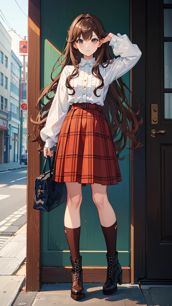 ((Masterpiece, best art, high quality, anime style)), portrait, 1girl, brown hair, wavy hair, curly hair, red plaid long sleeveled shirt, blue denim skirt, kneehigh, black high heeled boots